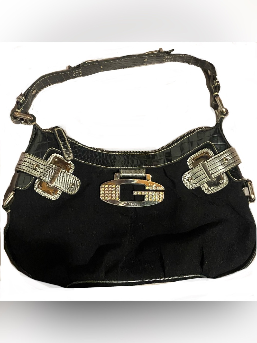 Guess Y2K Black Shoulder Bag with Silver Crystal-Embellished Logo